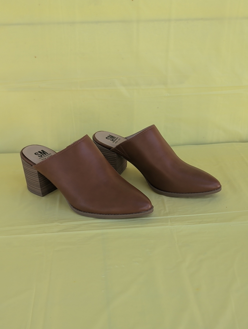 Brown Leather Block Heel Mules